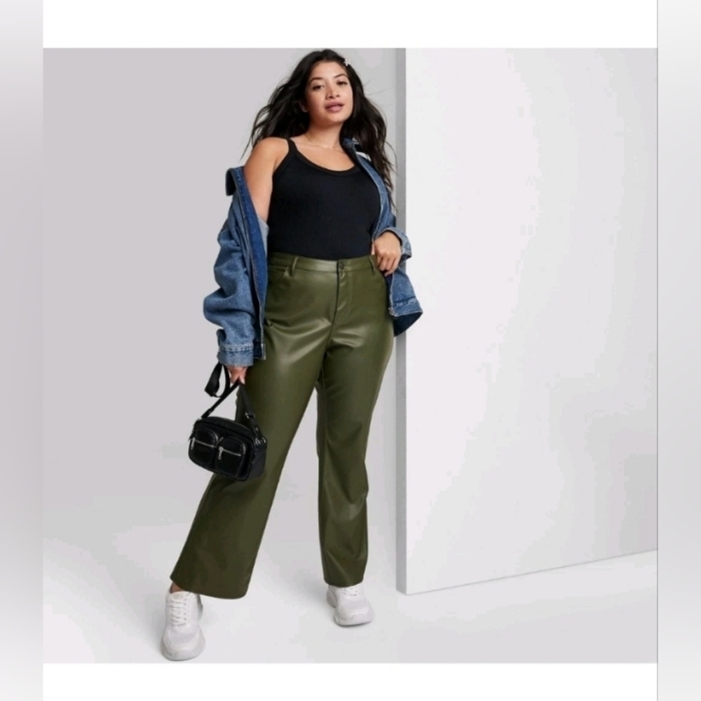 Wild Fable Women's Low Rise Flare Classic Faux Leather Pants, Green Inseam 31